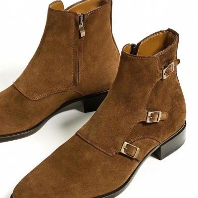 New Handmade Men suede Leather Boots Mens Brown Three Buckle Fashion Ankle High Boot