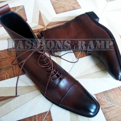 Handmade Ankle High Cap Toe Leather Boots Men, Brown Chelsea Dress Formal Boots 