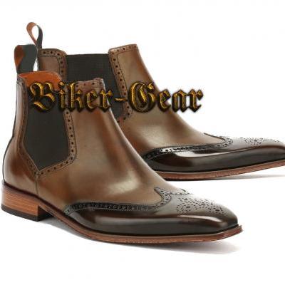 Handmade Brown Chelsea Wing Tip Brogue Tuxedo Casual Fashion Leather Boots