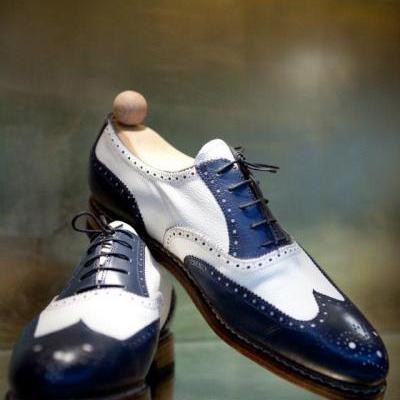 New Men Handmade Two Tone Wing Tip Brogue Leather Formal Shoes