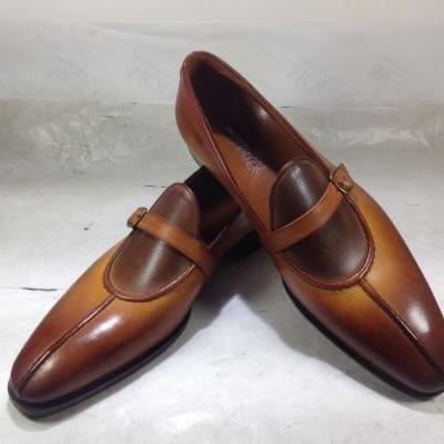 New Men Handmade Two Tone Brown Single Monk Strap Leather Shoes 