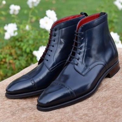 New Handmade Men Ankle High Black Lace Up Cap Toe Brogue Leather Boots