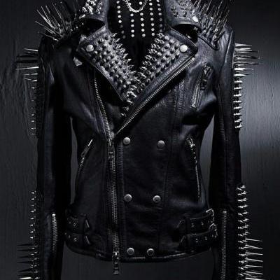 New Handmade Mens Punk Style Full Black Biker Long Spikes Studded Leather Jacket