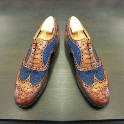 Handmade Men's Oxford Wing tip shoes, Men Blue Denim Brown Leather Dress Shoe