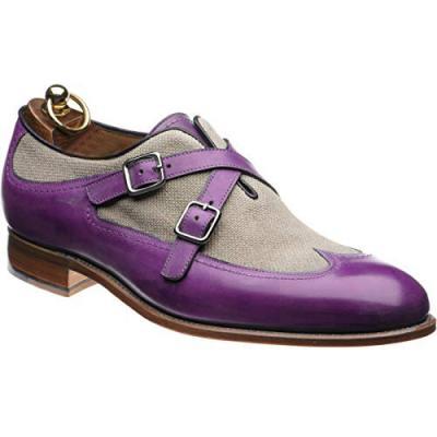 Men's handmade two-tone double monk shoe in purple Calf and Canvas, Dress Designer Men Shoes