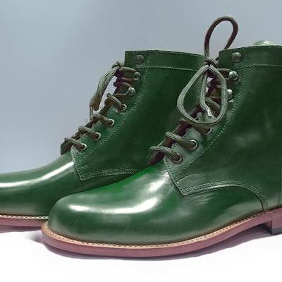 Handmade green Boot, Men's Formal Ankle High Boot, Lace Up designer Leather Boots
