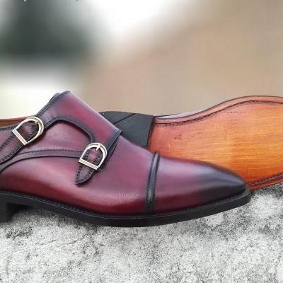 Handmade Double Monk Burgundy Shoes, Men's Formal Designer Leather Shoes