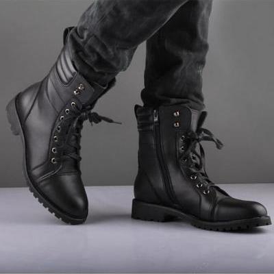 Handmade men's black Leather Boot, Men's Lace Up Dress Ankle High zipper Boot
