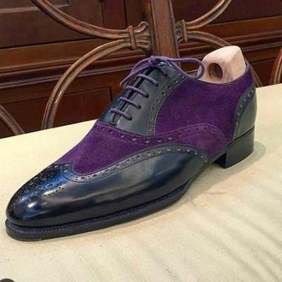 Handmade New Black Purple Color Leather Suede Shoes, Men's Lace Up Wing Tip Formal Shoes