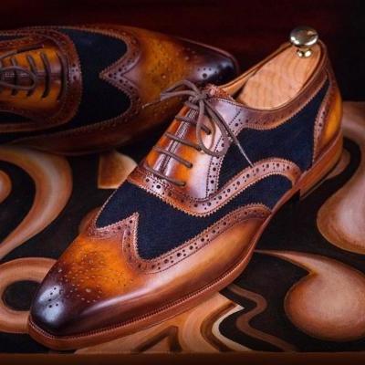 Handmade Navy Blue Brown Color Leather Shoes, Men's Lace Up Wing Tip Brogue Formal Shoes