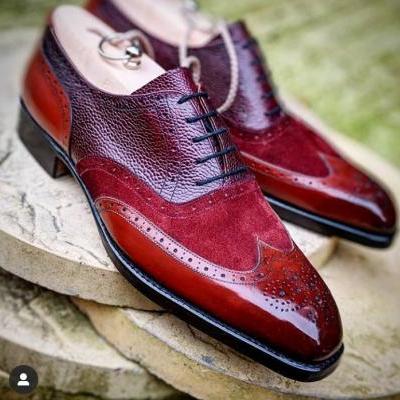 Handmade Burgundy Leather Alligator Suede Shoes, Men's Lace Up Wing Tip Brogue Shoes