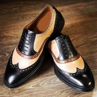 Handmade Wing Tip Lace Up Type Beige Black Leather Dress Shoes Men's