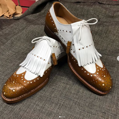 Handmade New Brown White Leather Fringe Shoes, Men's Stylish Wing Tip Brogue Formal Shoes
