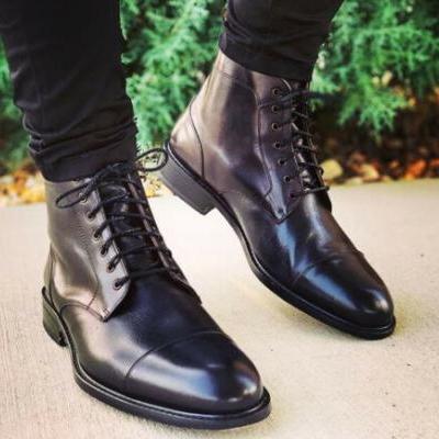 Handmade Black Color Leather Cap Toe Lace Up Boots for Men's