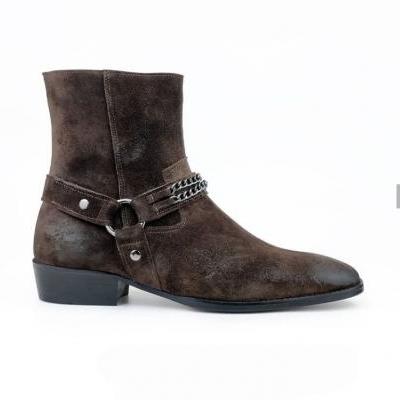 Men's Handmade Chocolate Brown Madrid Straps & Chain Style Suede Ankle Boot