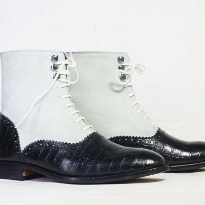 Handmade Men's Ankle Black & White Alligator Leather & Suede Lace Up Boots