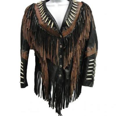 Western Wear Leather Motorcycle Jacket Native American Fringe Coat