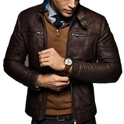 Men's Slim Fit Chocolate Brown Fashion Leather Jacket 