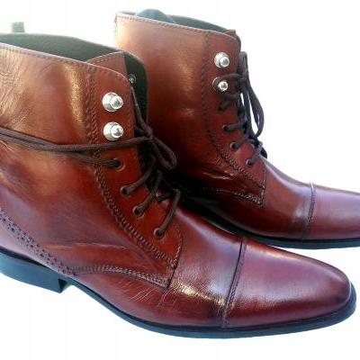 HANDMADE MEN'S BROWN LEATHER LACE-UP BOOTS, ANKLE HIGH MENS LEATHER BOOT 