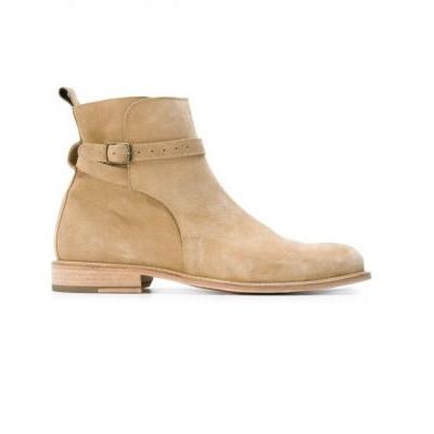 New Hand Made jodhpurs Beige Suede Ankle High Boot Monk Strap Boot