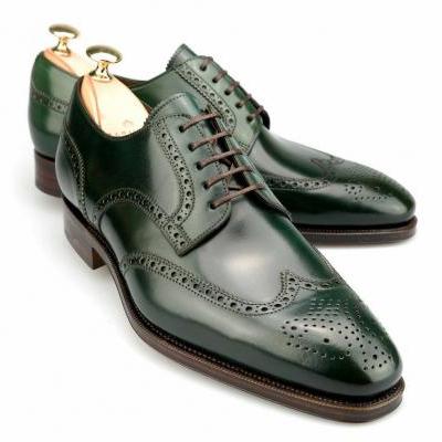 New Handmade Derby Green Leather Shoes Office Wedding Shoes Party Men's