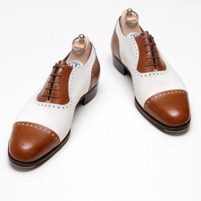Men's Oxford Brown and White Brogue Handmade Dress Shoes With Double Color Shade