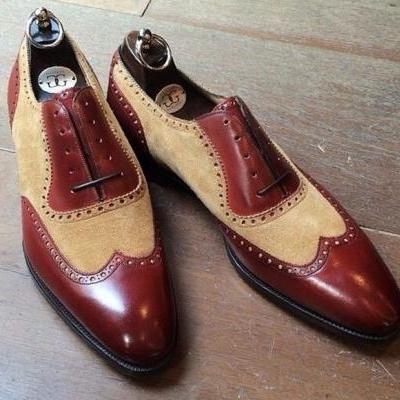 New Handmade men brown shoes, men wingtip suede shoes, leather shoes for men