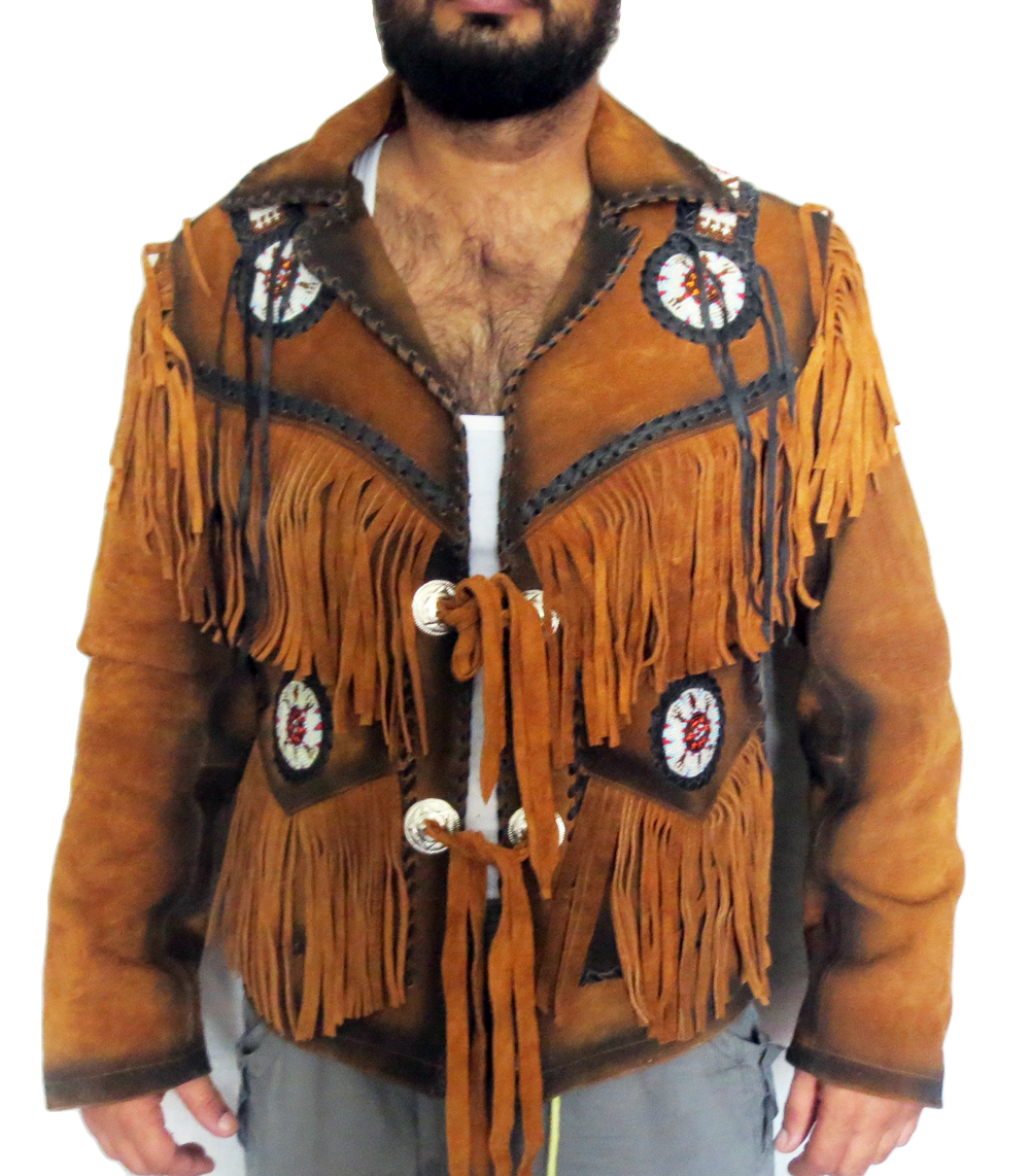 Bones and Beads Men's Western Native Indian Suede Leather Jacket Fringe