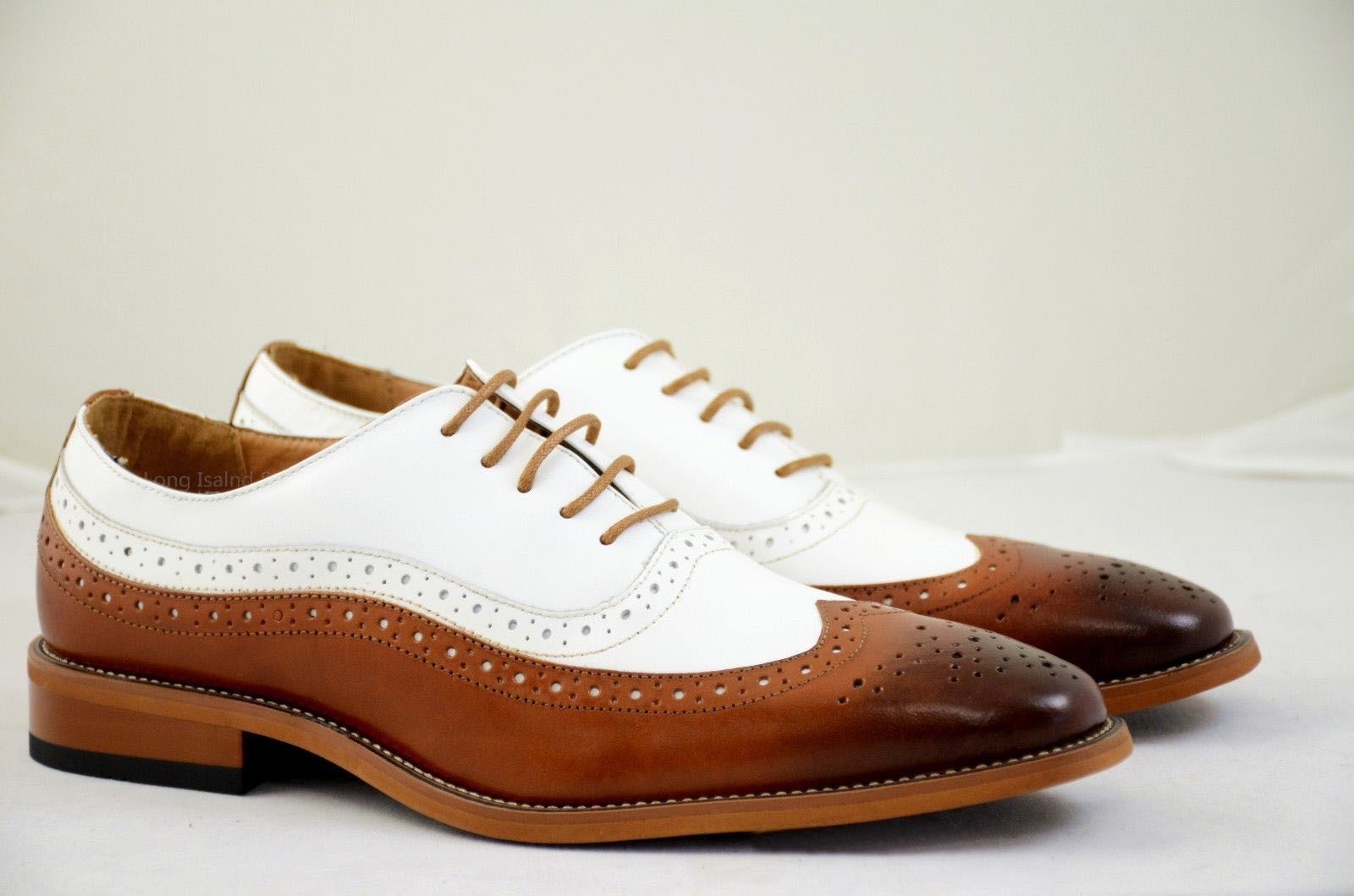 Handmade Dress Shoes Leather, Tan White 2Tone Wing Tip Oxford Shoes ...